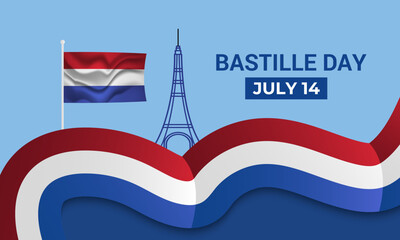 Happy Bastille Day. Design for French flag background for French National Day July 14 every year. Eiffel Tower in colors of French flag icon web banner. Vector illustration of background.