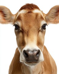 Close-up portrait of a Jersey cow against a white background. Its gentle eyes and soft fur are striking.