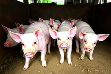 Adorable piglets standing closely together in a cozy pen with curiosity and innocence