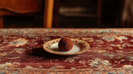 Single chocolate truffle on vintage plate.