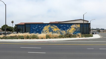 Obraz premium Modern building with large abstract mural.