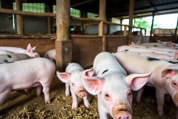Pigs in a rustic barn, farm animals in a natural setting, agriculture scene.