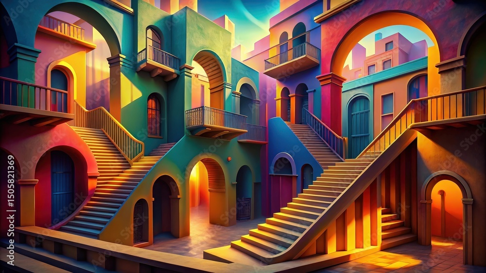 Poster a vibrant courtyard with winding staircases and colorful arches, creating a surreal and dreamlike at