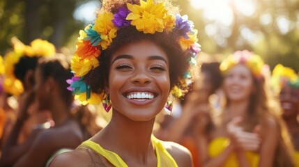 Happy woman with flower crown at festival.