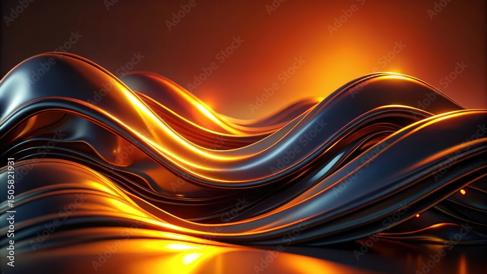 Poster abstract wavy metallic surface with warm lighting and glowing edges