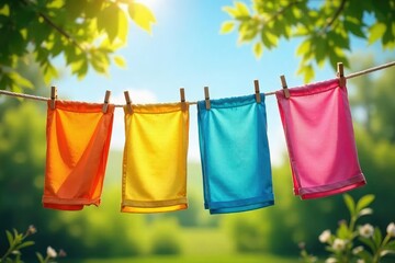 Brightly colored laundry flapping gently in the warm breeze on a clothesline on a sunny day Perfect for themes of spring, summer, freshness, and outdoor living , vibrant, nature, shadow