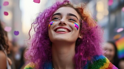 Happy woman with rainbow hair at pride parade.