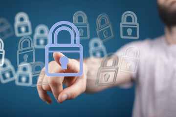 Image of hand interacting with digital lock icons, symbolizing data security and online protection.