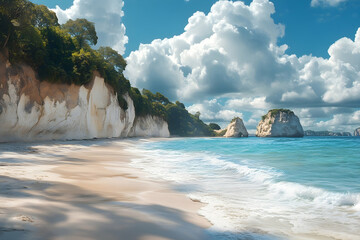 Picturesque beach scene with dramatic cliffs and turquoise water.