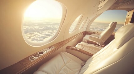 Luxurious private jet cabin interior with sunrise view.