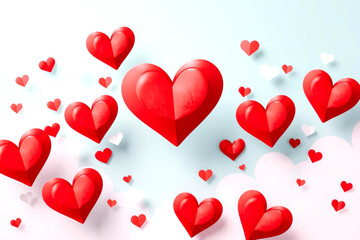 Vibrant Red Hearts Floating in a Dreamy White and Blue Gradient Sky