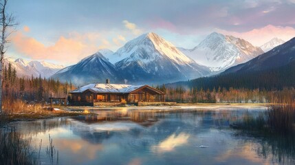 Mountain cabin reflected in tranquil lake at sunrise.
