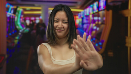 Woman showing rejection gesture in vibrant casino setting with colorful slot machines in the...