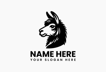 Stylized black and white vector logo illustration of a llama head with patterned fur on a plain background. Animal concept