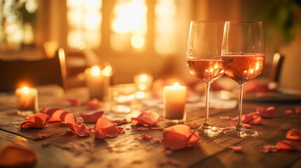 Romantic dinner table setting with rose petals and candles