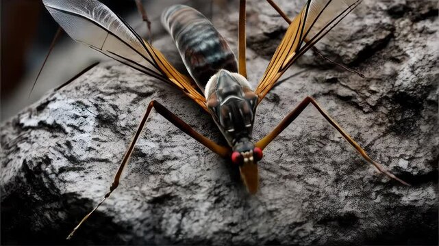 Two Crane Flies on Textured Surface Showing Details of Wings, Legs, Red Eyes, and Body Markings