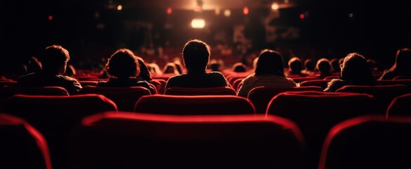 The audience immersed in a cinematic experience under vibrant theater lights.