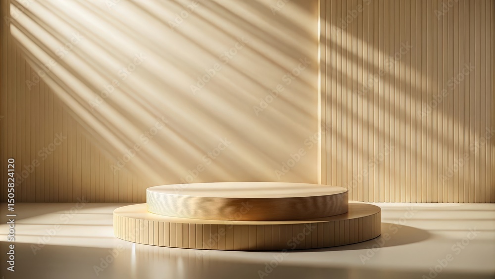 Poster a minimalist wooden platform bathed in soft sunlight with natural shadow patterns