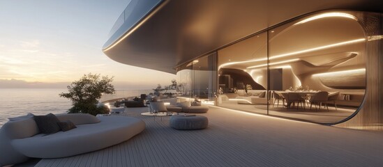 Modern luxury oceanfront home with sunset view, featuring a large terrace with comfortable seating and stunning indoor-outdoor design.