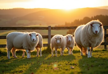 Obraz premium A flock of sheep standing on a grassy field during sunset with a wooden fence in the background