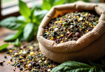 A vibrant assortment of spices and herbs in a burlap sack