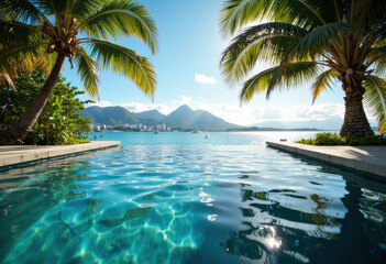 Fototapeta premium Serene poolside view with palm trees and mountains in the background