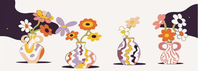 Four Abstract Flower Vases, Colorful Floral Art