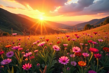 Fototapeta premium Golden hour sunlight bathes a vibrant landscape in warm, rosy hues Wildflowers bloom in profusion, creating a breathtaking scene of natural beauty and serenity , orange, field
