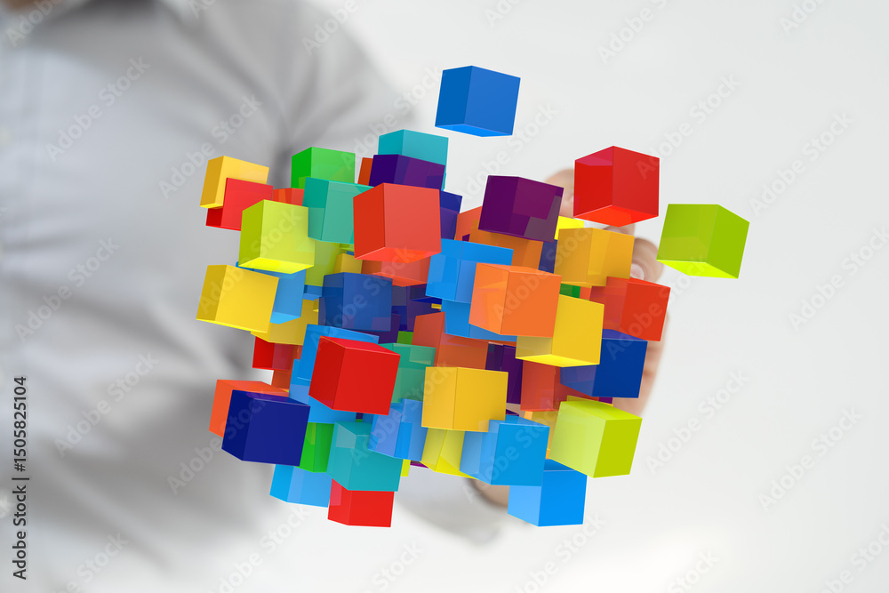 Poster abstract image of colorful cubes floating, representing innovation, creativity, or solutions.