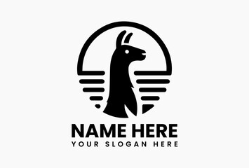Stylized black and white vector logo illustration of a llama head with patterned fur on a plain background. Animal concept