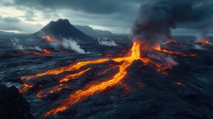 Fototapeta premium Lava erupts from the depths of a mountain in an Icelandic volcanic landscape