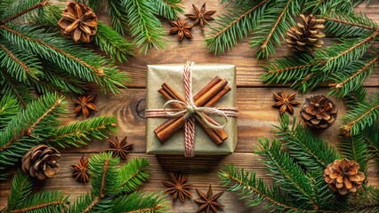 A Rustic Christmas Gift Wrapped in Brown Paper with Twine, Cinnamon Sticks, and Pine Branches on a Wooden Background