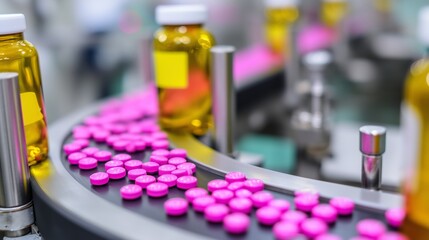 Production line showcasing pink tablets and bottles in a pharmaceutical facility in action