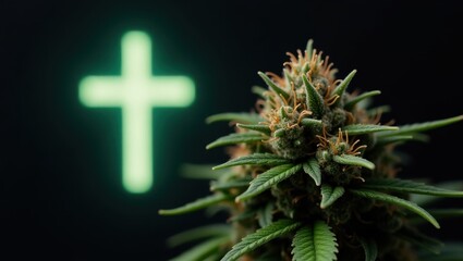 Cultivating spirituality cannabis plant against cross symbol indoor grow still life dark lighting nature and faith