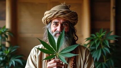 Celebrating nature's gifts a man holding a cannabis leaf in a serene garden lifestyle indoor close-up harmony