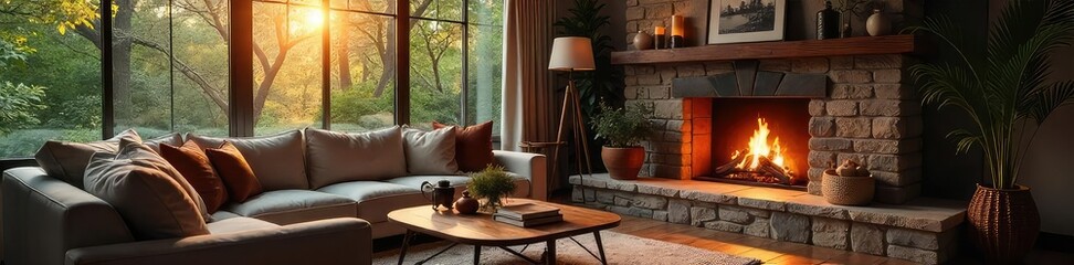 Fototapeta premium Cozy living room with a fireplace, large windows, and comfortable furniture Perfect for relaxation and family gatherings Warm lighting creates a welcoming atmosphere , armchair, stone, mantelpiece