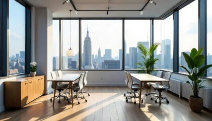 Fototapeta premium Modern, minimalist NYC office space with large windows offering stunning city views Sleek design, natural light, and contemporary furniture create a productive workspace , design, new york city