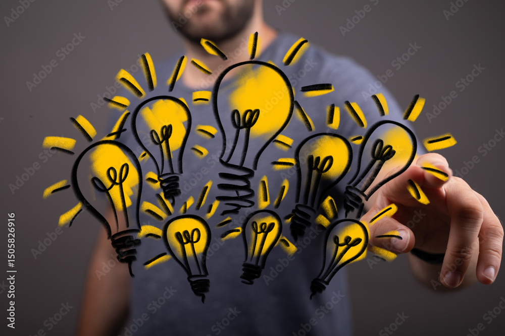 Poster Concept image showing a man interacting with multiple light bulb illustrations, symbolizing creativity and innovation.