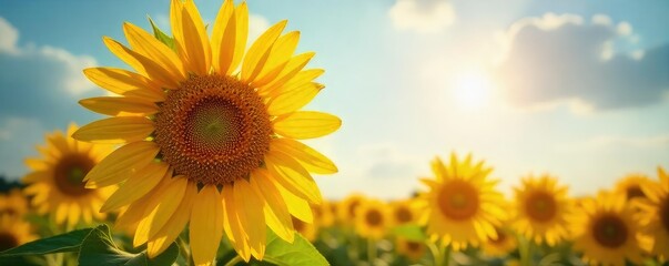Obraz premium A vibrant, sun-drenched head of sunflowers basking in the golden light of a summer day, petals reaching for the sky Perfect for summer, nature, and harvest themes , sunny, beauty