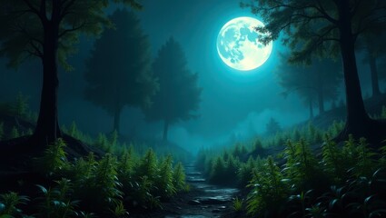 Fototapeta premium Moonlit forest path exploration serene landscape nighttime nature dreamy environment mystical viewpoint