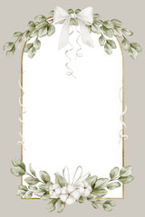 Fototapeta premium Watercolor Template for Card with green eucalyptus branches, white cotton flowers, and white bows. Illustration of botanical Frame for baby shower invitations, wedding greetings or kids announcements.