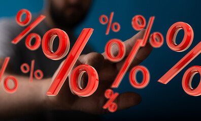 Image of a hand interacting with 3D percentage symbols. Perfect for finance, sales, discounts, and...