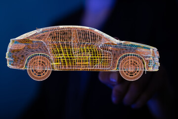 Futuristic car design concept. 3D wireframe model of a sleek SUV. Perfect for automotive,...