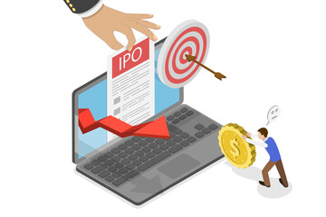 3D Isometric Flat  Illustration of Initial Public Offering, IPO, Launch and Strategy of Public Stock