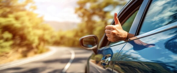 The car with a hand giving a thumbs-up on a winding road.