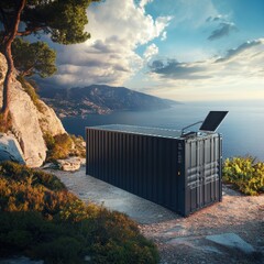 Modern shipping container home on a scenic coastal path