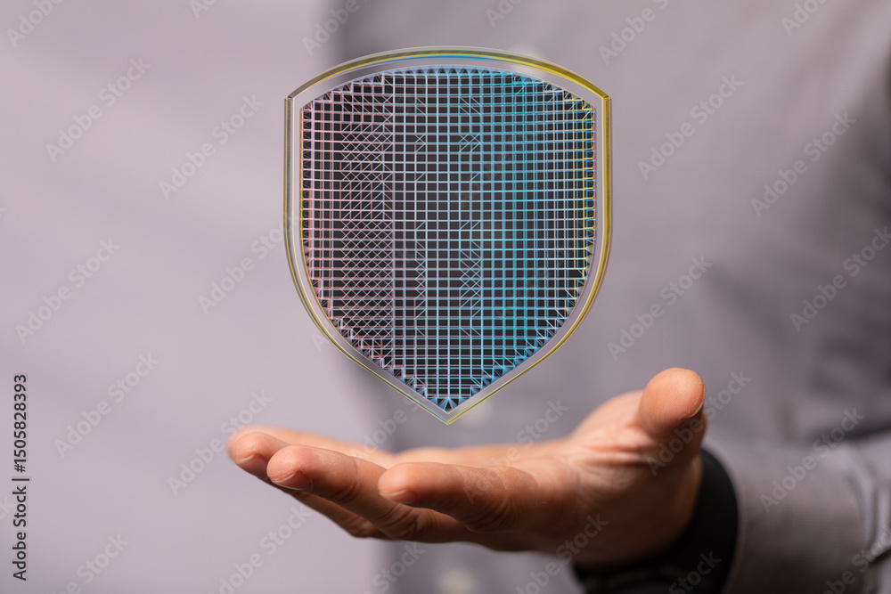 Poster Secure your data with advanced cybersecurity.  Image depicts a digital shield, symbolizing protection.