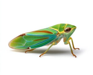 Vibrant green leafhopper insect close-up.