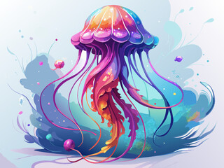 Vibrant Colorful Jellyfish in Abstract Ocean Setting © Najmul Design Hub