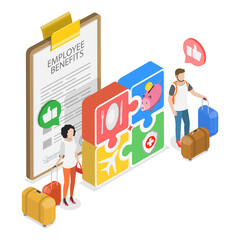 Plakat 3D Isometric Flat Illustration of Employee Benefits Package, Implementing Essential Workplace Perks For Employees